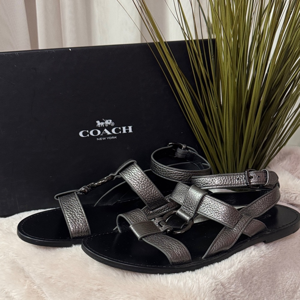Coach Elaine Metallic Pebble Leather Gunmetal Sandals